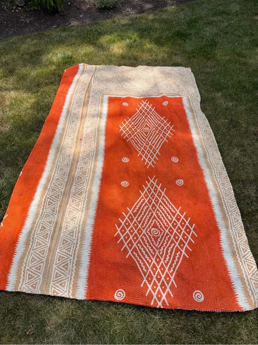 Vintage Handmade Kantha Quilt Reversible Orange Ikat Geometric Throw Blanket